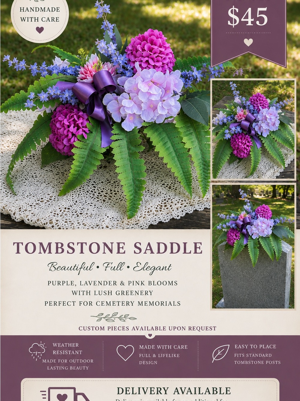 Handmade Purple & Lavender Tombstone Saddle with Lush Greenery